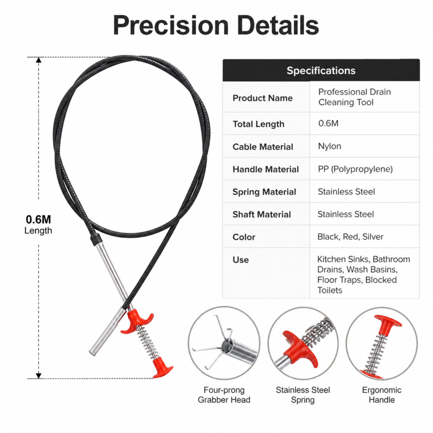 Professional Drain Cleaning Tool for Unclogging Kitchen Sinks, Bathroom Drains, and Blocked Toilets
