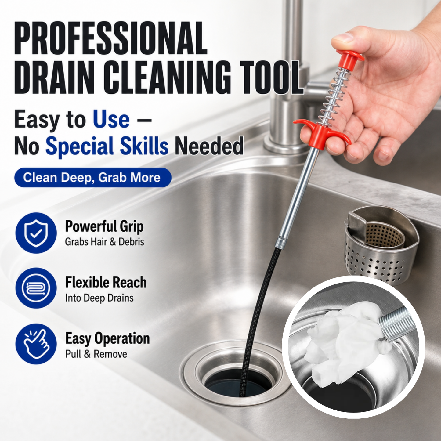 Professional Drain Cleaning Tool for Unclogging Kitchen Sinks, Bathroom Drains, and Blocked Toilets