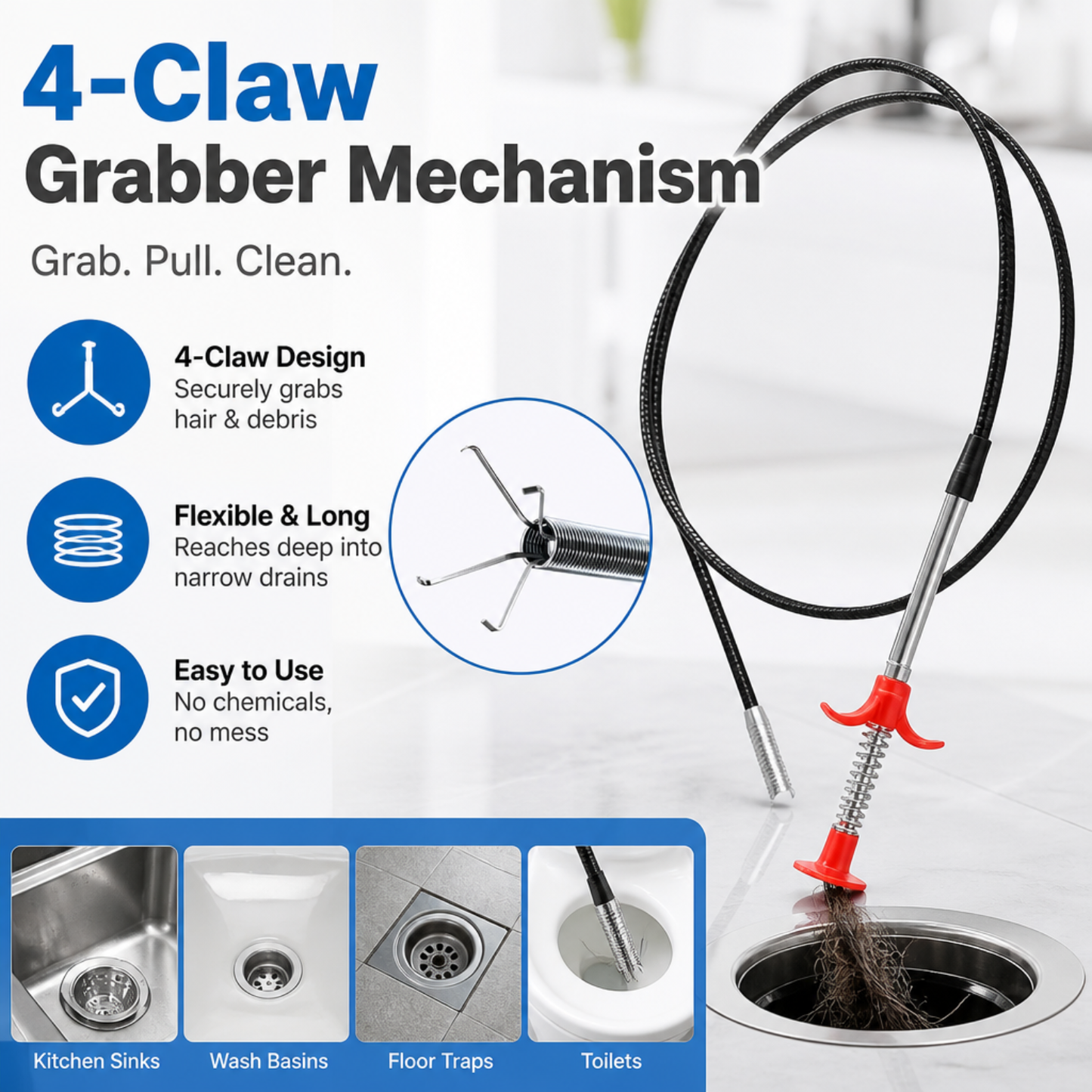 Professional Drain Cleaning Tool for Unclogging Kitchen Sinks, Bathroom Drains, and Blocked Toilets