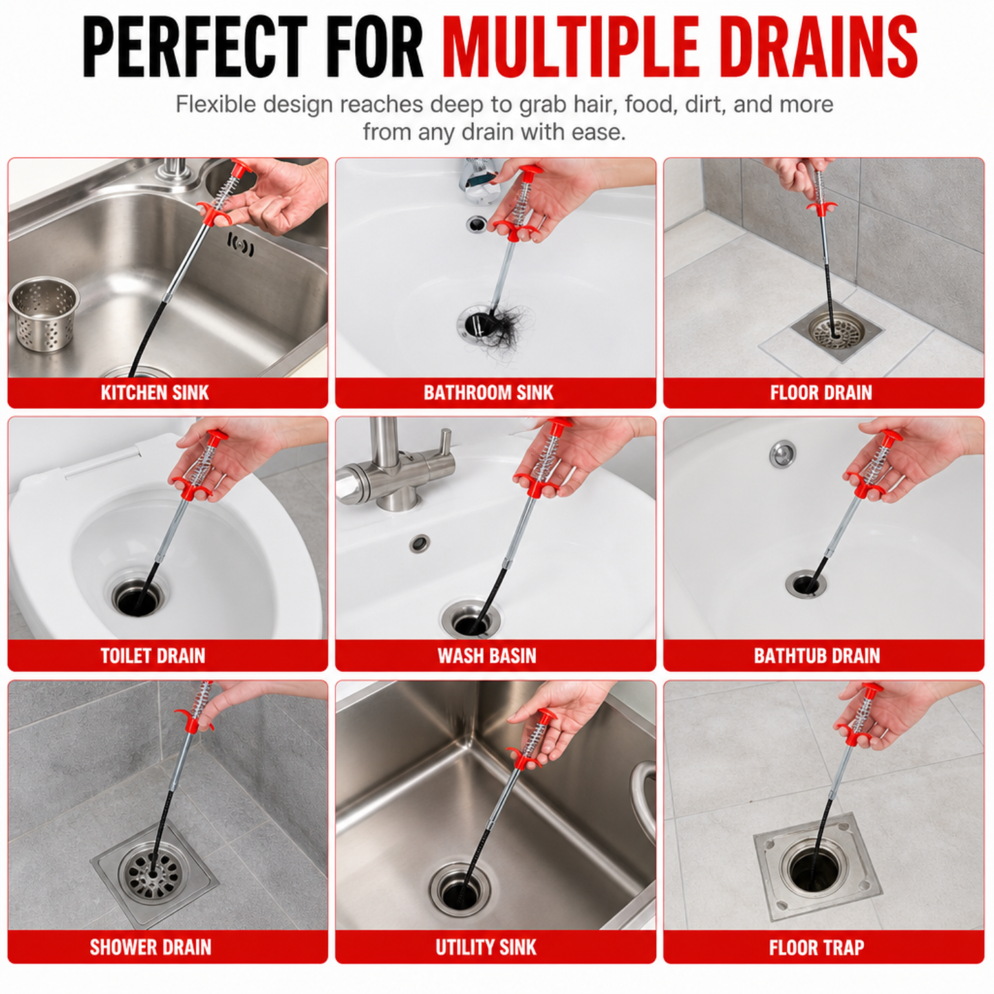 Professional Drain Cleaning Tool for Unclogging Kitchen Sinks, Bathroom Drains, and Blocked Toilets