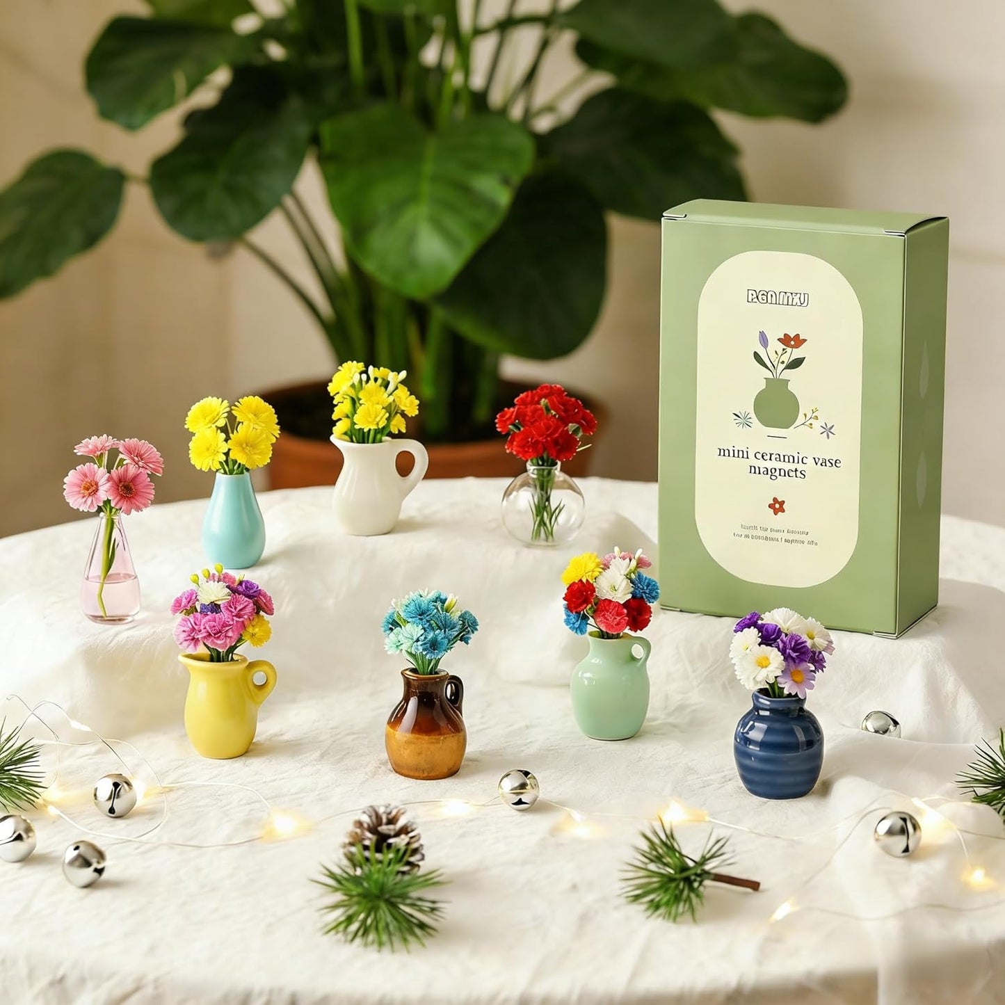 4PCS Handmade Refrigerator Magnets - Cute Mini Ceramic Vase Fridge Magnets with Artificial Flowers PRO