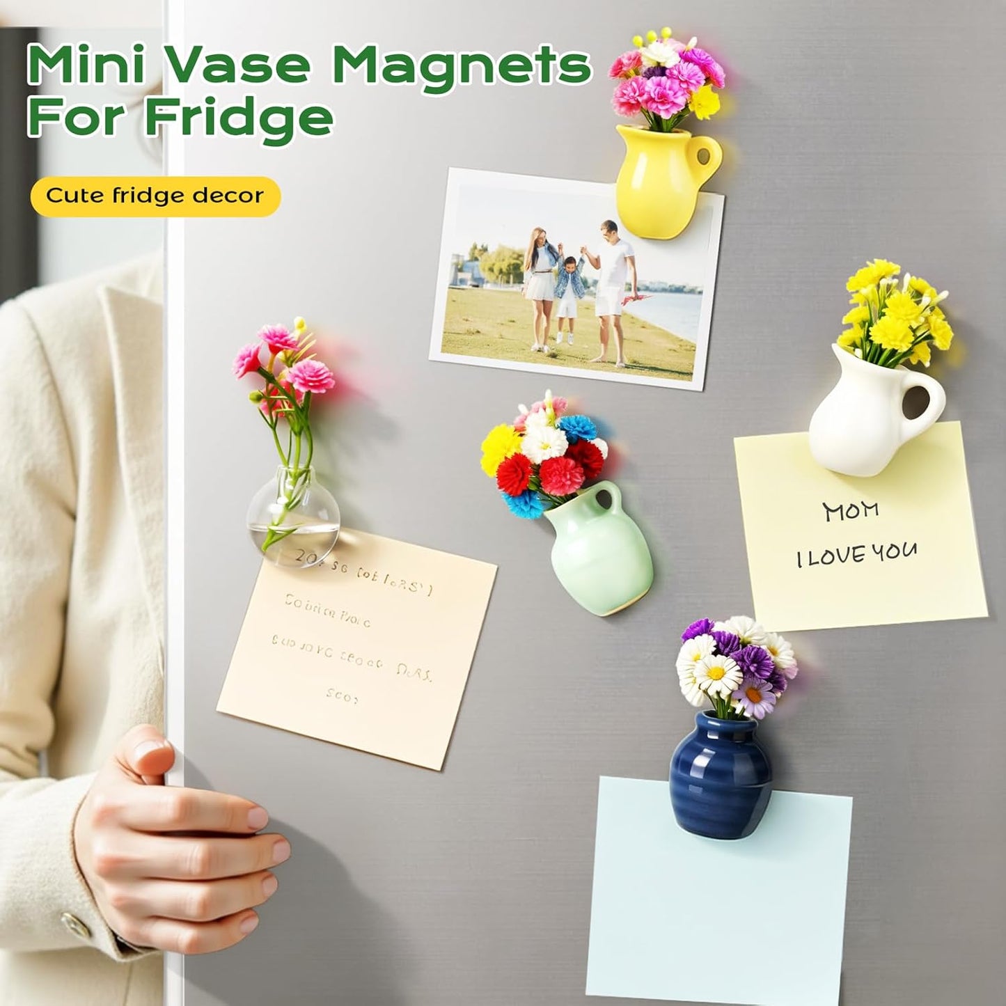 4PCS Handmade Refrigerator Magnets - Cute Mini Ceramic Vase Fridge Magnets with Artificial Flowers PRO