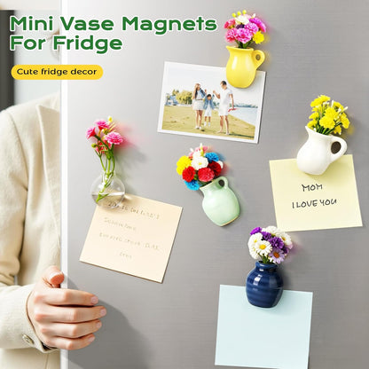 4PCS Handmade Refrigerator Magnets - Cute Mini Ceramic Vase Fridge Magnets with Artificial Flowers PRO