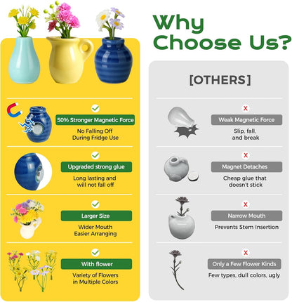 4PCS Handmade Refrigerator Magnets - Cute Mini Ceramic Vase Fridge Magnets with Artificial Flowers PRO