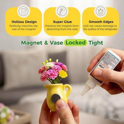 4PCS Handmade Refrigerator Magnets - Cute Mini Ceramic Vase Fridge Magnets with Artificial Flowers PRO