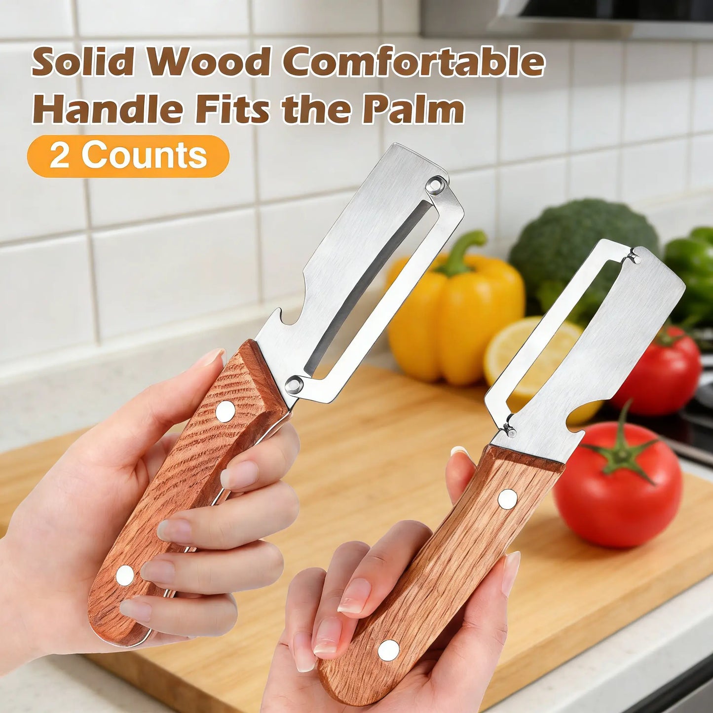 Wooden-Handled Stainless Steel Peeler with Built-In Bottle Opener